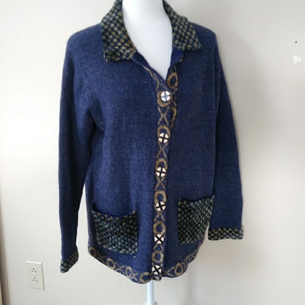 Vintage Mira Mira Wool Tweed Button Up Cardigan Sweater XL Blue